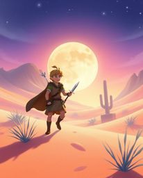 Embark on a magical desert adventure with a brave hero, rendered in soft pastel colors. This Disney-style scene evokes a gent