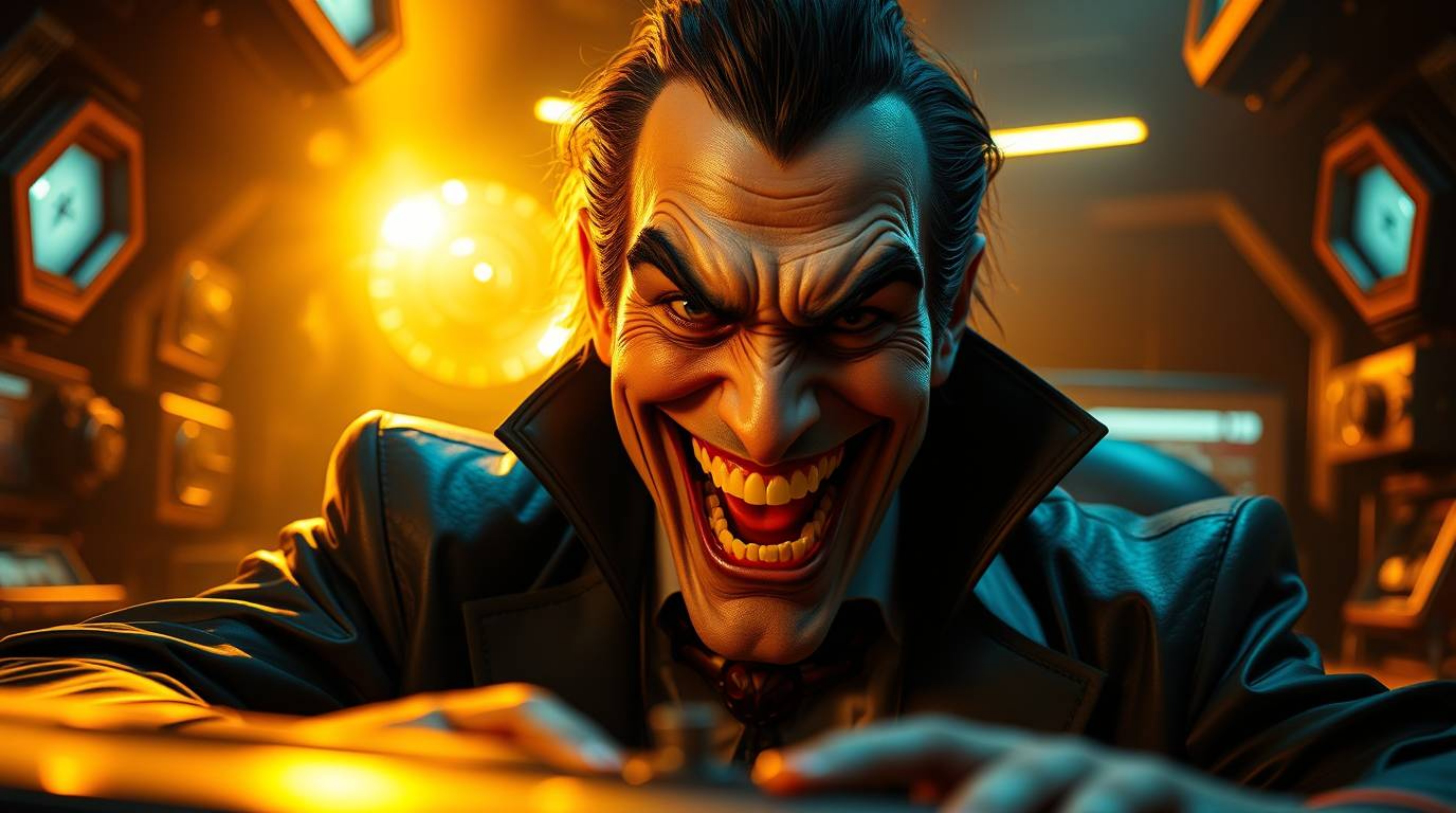 A mischievous, fair-skinned villain experiences a hilarious meltdown in a luxurious, high-tech lair bathed in warm golden hou