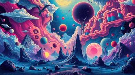 Explore a collection of abstract poster designs featuring dreamlike and surreal imagery, vibrant complementary colors, and co
