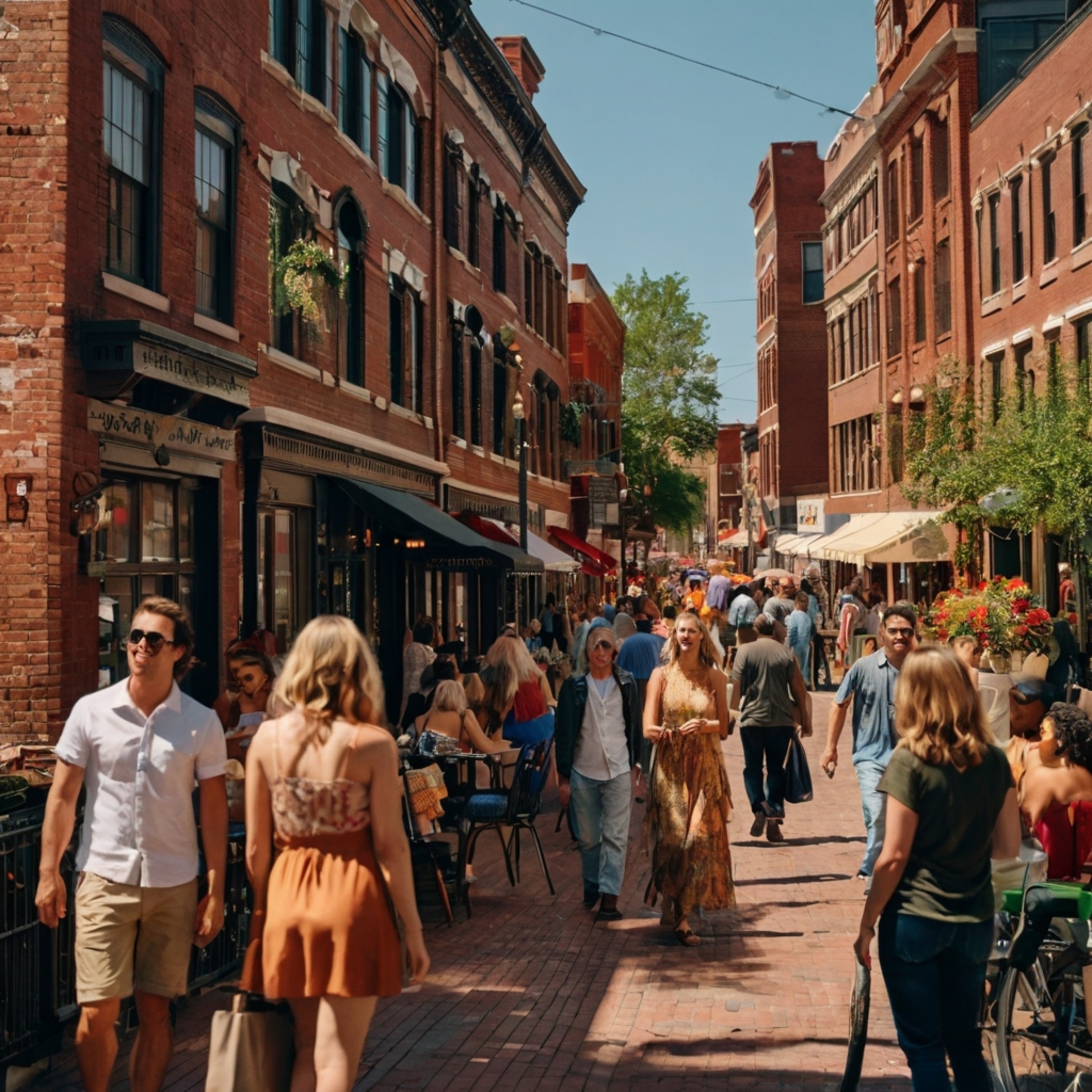 Experience the vibrant atmosphere of a historic district street, lined with charming red-brick buildings and unique boutique