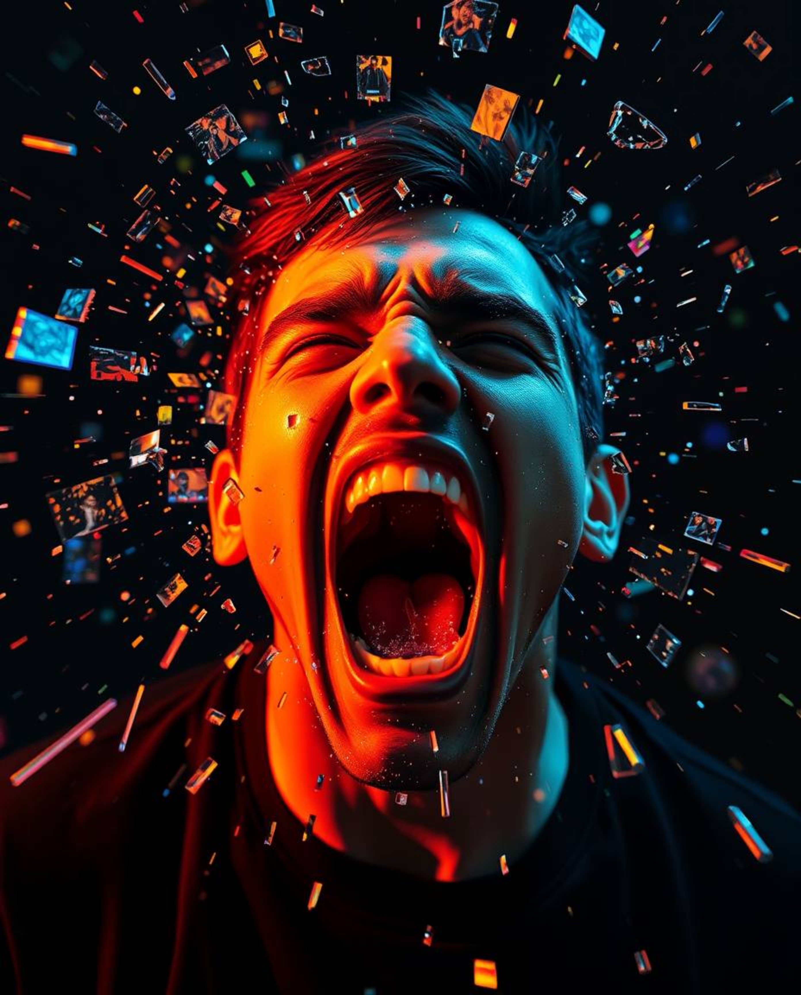 A captivating image depicting a person screaming as their world disintegrates into a vibrant explosion of pixels, showcasing 