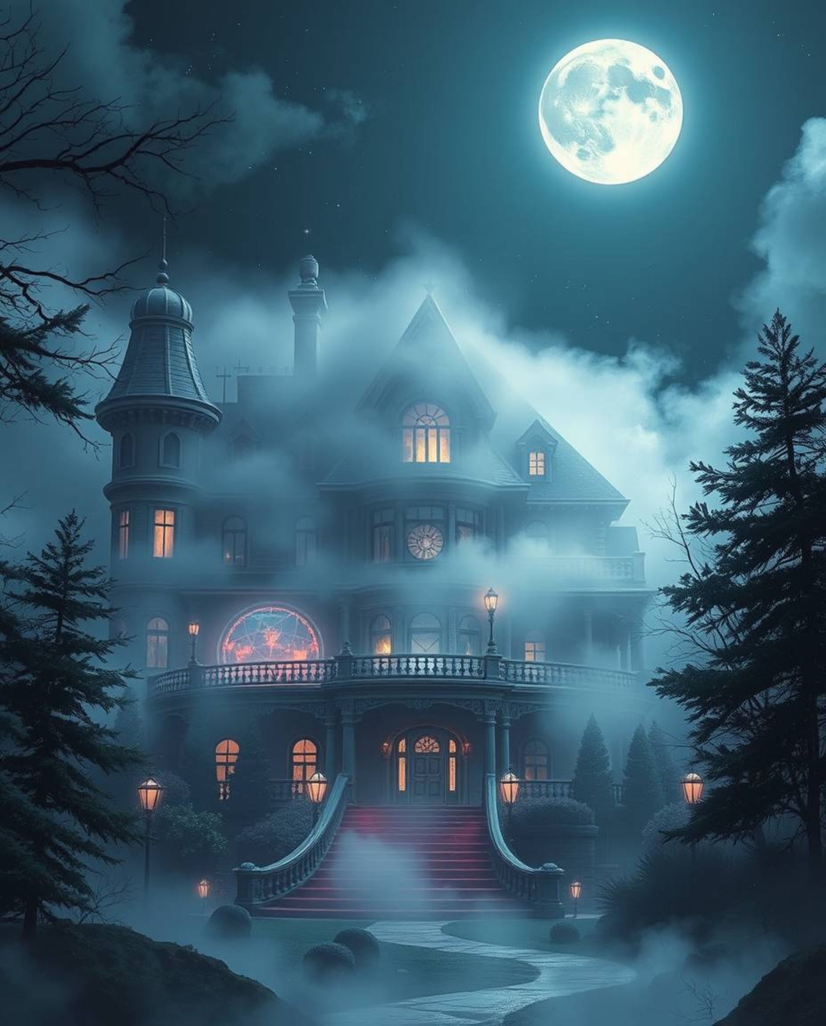 This futuristic sci-fi illustration presents a captivating scene of a fog-covered Victorian mansion bathed in moonlight, crea