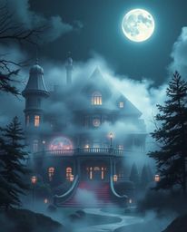 This futuristic sci-fi illustration presents a captivating scene of a fog-covered Victorian mansion bathed in moonlight, crea