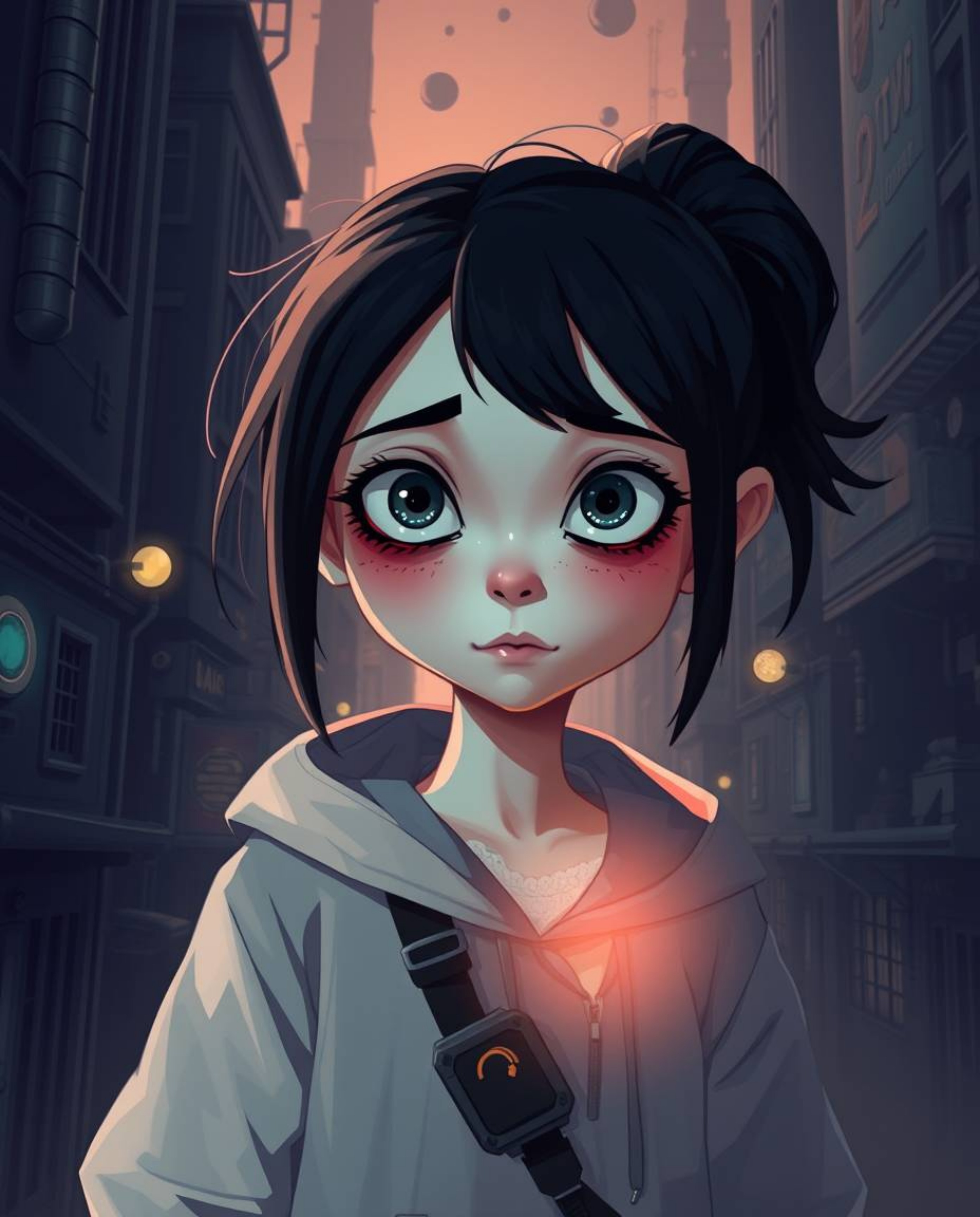 A Pixar-style illustration depicting a young inventor girl with pale skin and dark circles in a futuristic city. The artwork 