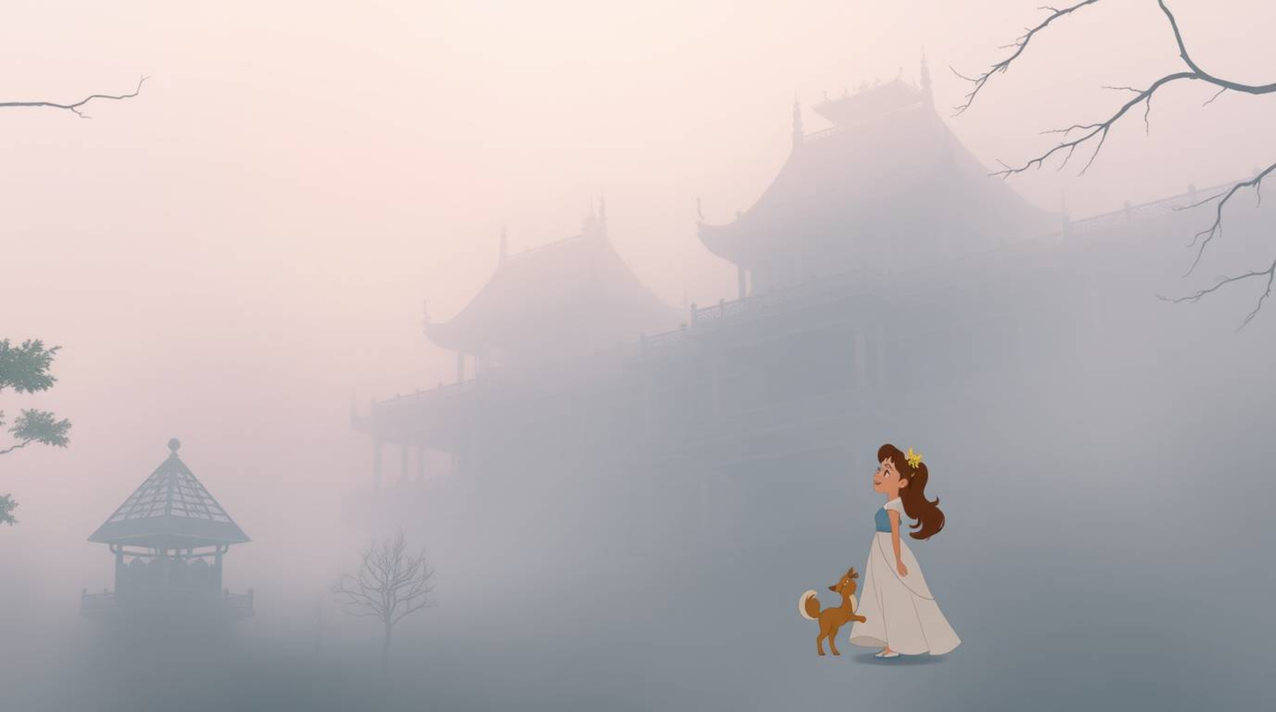 A whimsical 2D animation featuring a princess singing with forest animals, set against a backdrop of precisely captured archi