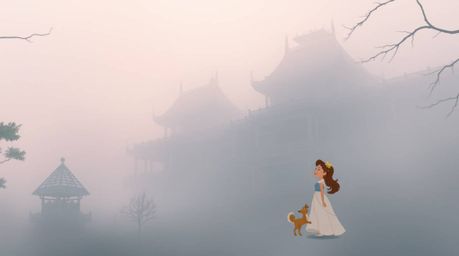 A whimsical 2D animation featuring a princess singing with forest animals, set against a backdrop of precisely captured archi