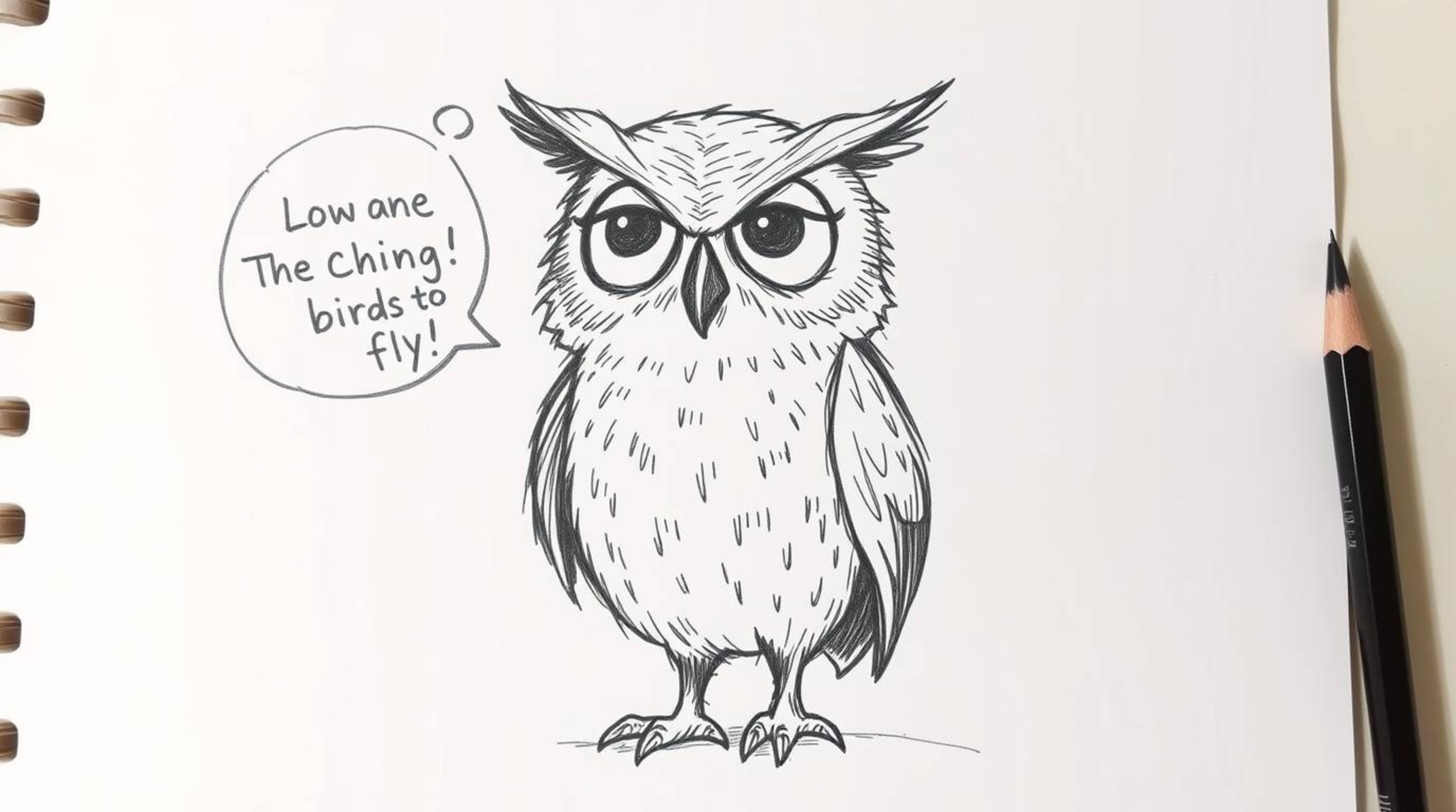 A whimsical hand-drawn sketch in the style of Pixar depicts a blind owl, rendered with textured pencil strokes, generously im