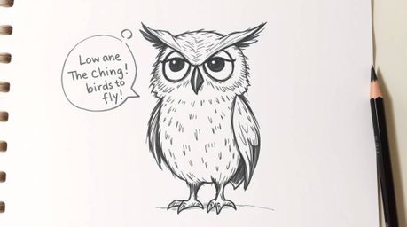 A whimsical hand-drawn sketch in the style of Pixar depicts a blind owl, rendered with textured pencil strokes, generously im