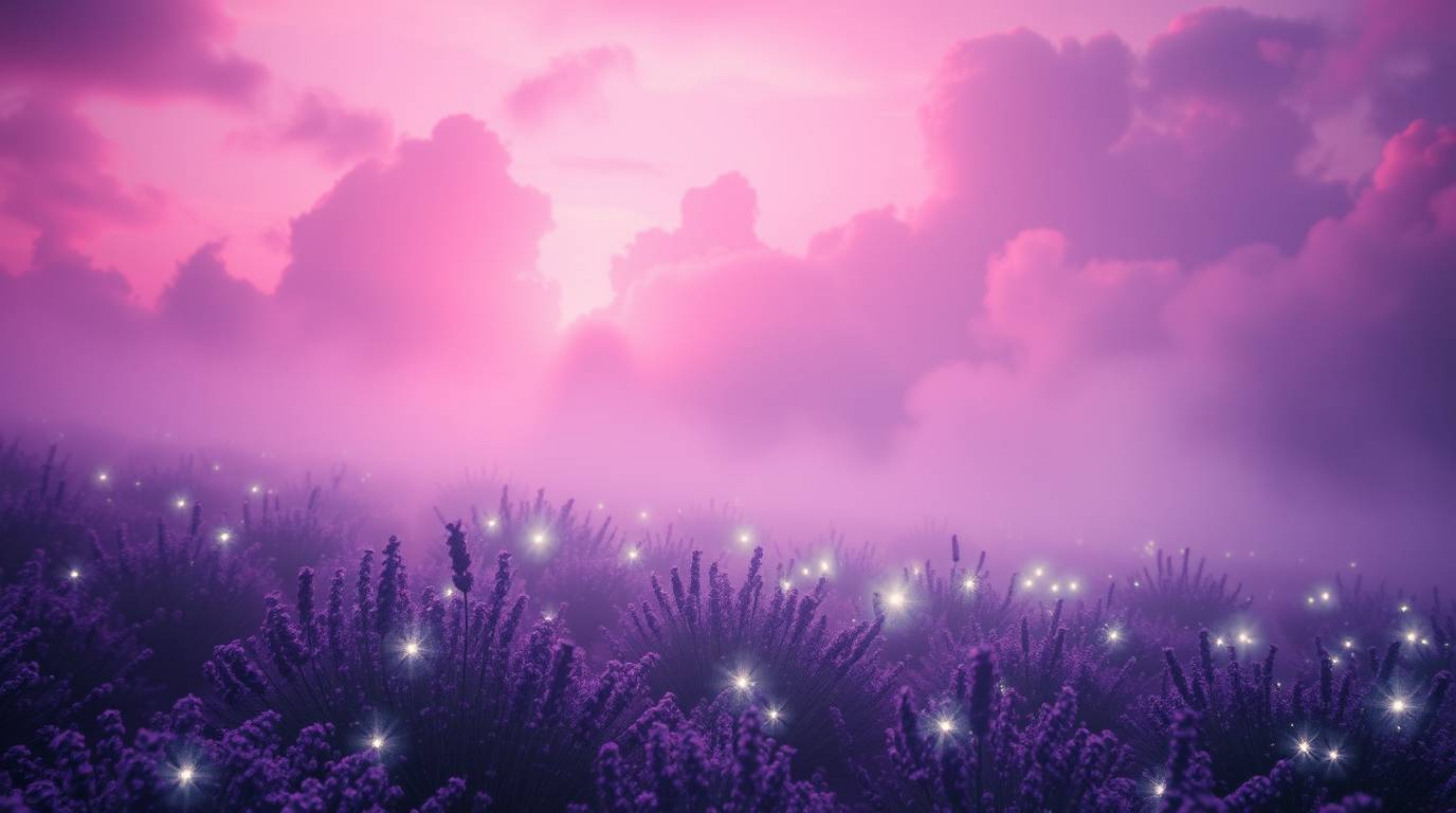 Immerse yourself in a dreamlike world of surreal imagery featuring lavender fields bathed in the glow of a dreamy pink sky. E