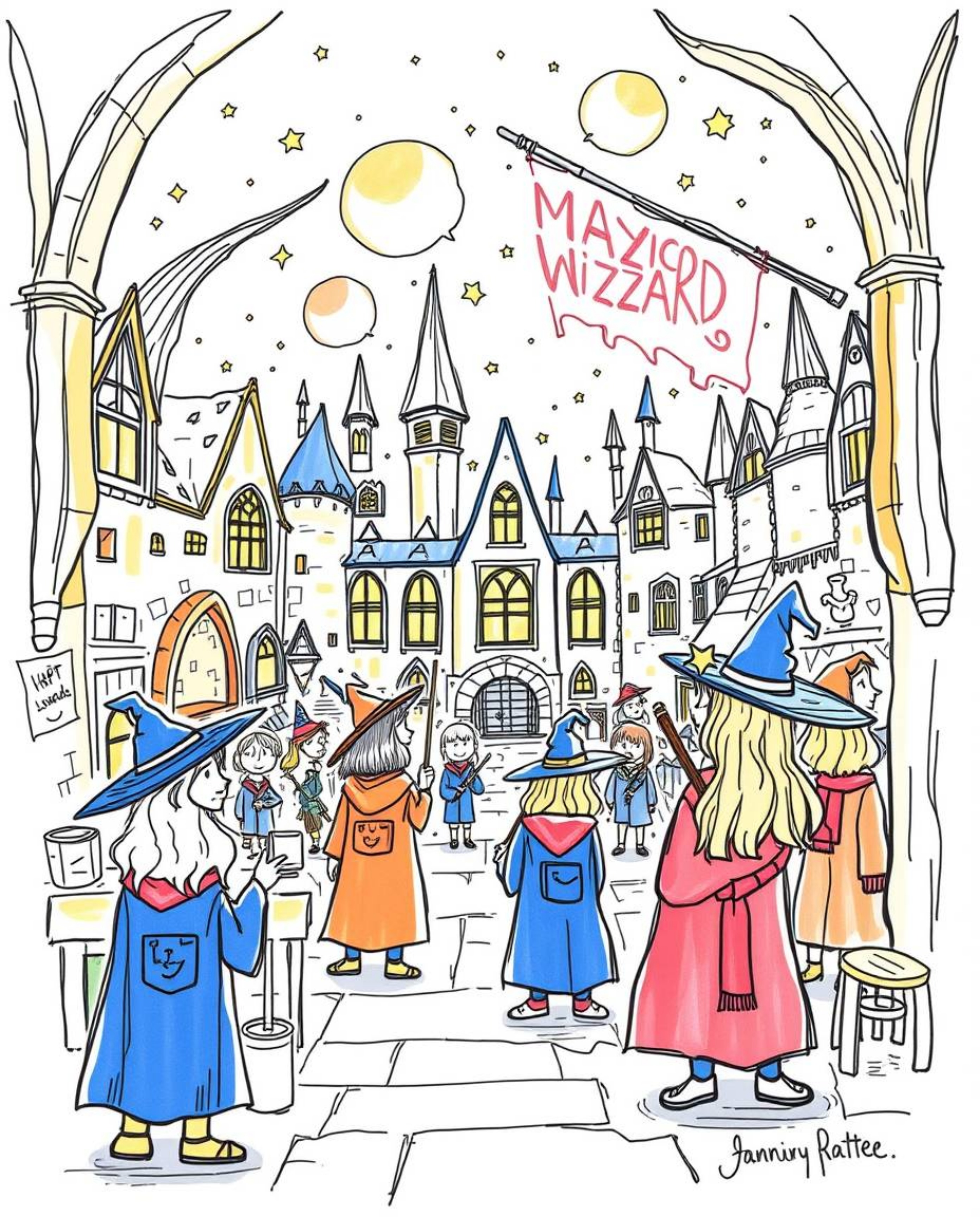 Discover a vibrant hand-drawn sketchnote depicting a magical school brimming with young wizards. This whimsical illustration 
