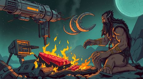 This artwork blends the primitive with the cutting-edge, depicting a caveman expertly cooking mammoth meat over a roaring fir