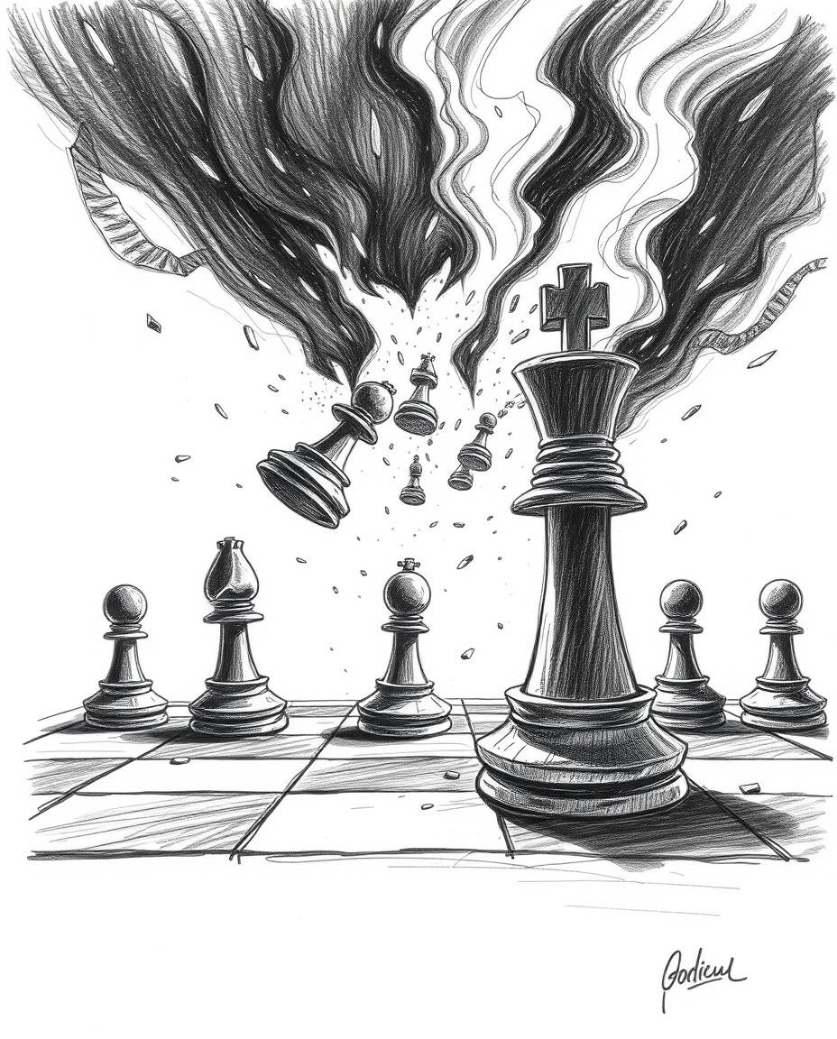 This artwork captures a dramatic scene of a chessboard with chess pieces frozen mid-air in a moment of chaotic destruction. T