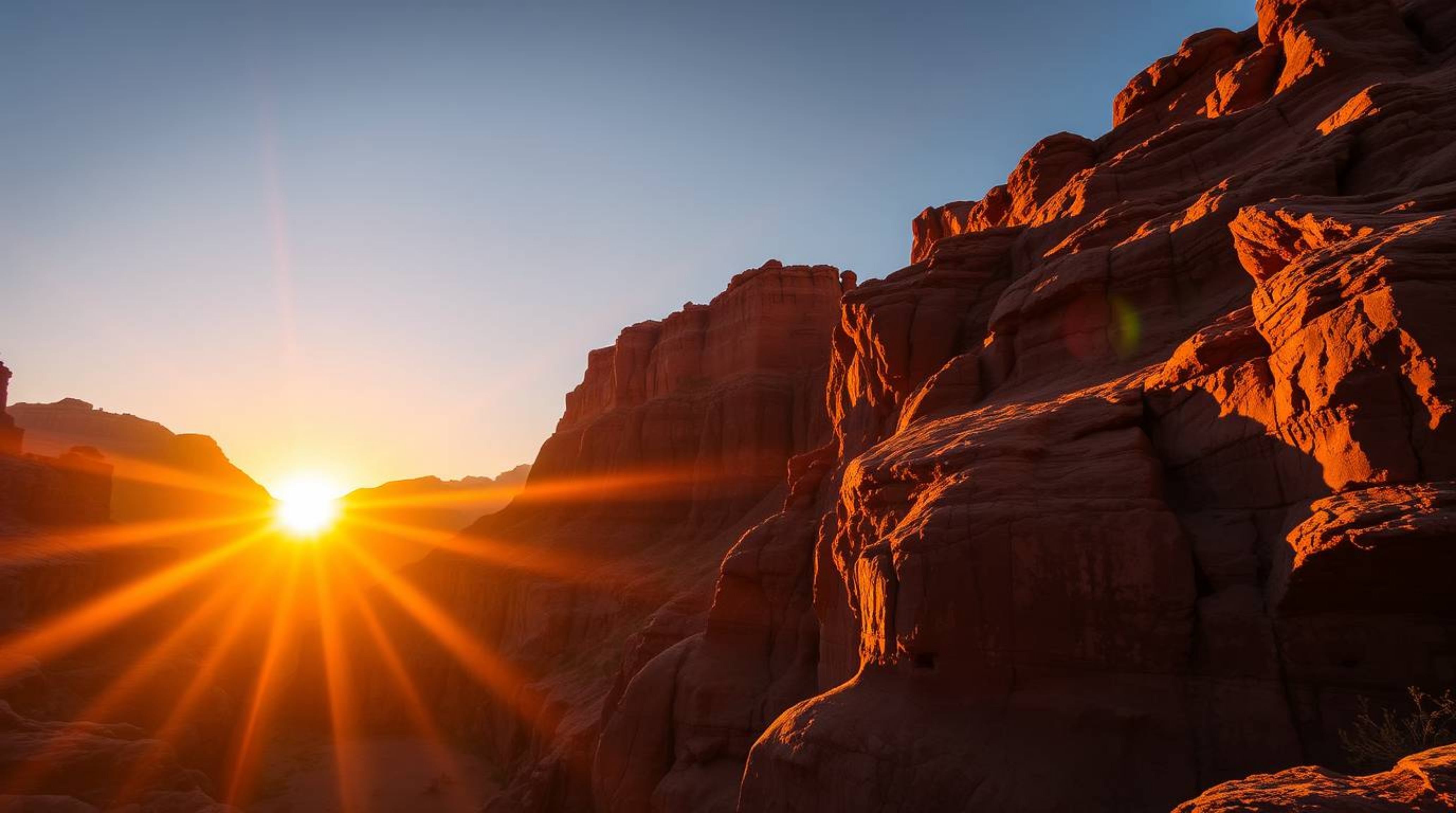 A stunning high-contrast architectural photograph captures a rocky canyon bathed in the warm hues of sunset.  Sharp lines hig