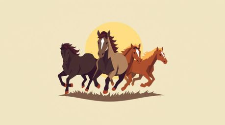 A captivating geometric logo design showcases a herd of charming wild horses running freely under a vibrant, glowing sky.  Cl