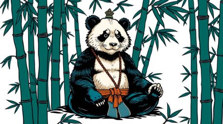 This vibrant and detailed art print features a meditating martial artist panda set within a rich, deep teal bamboo forest. Wi