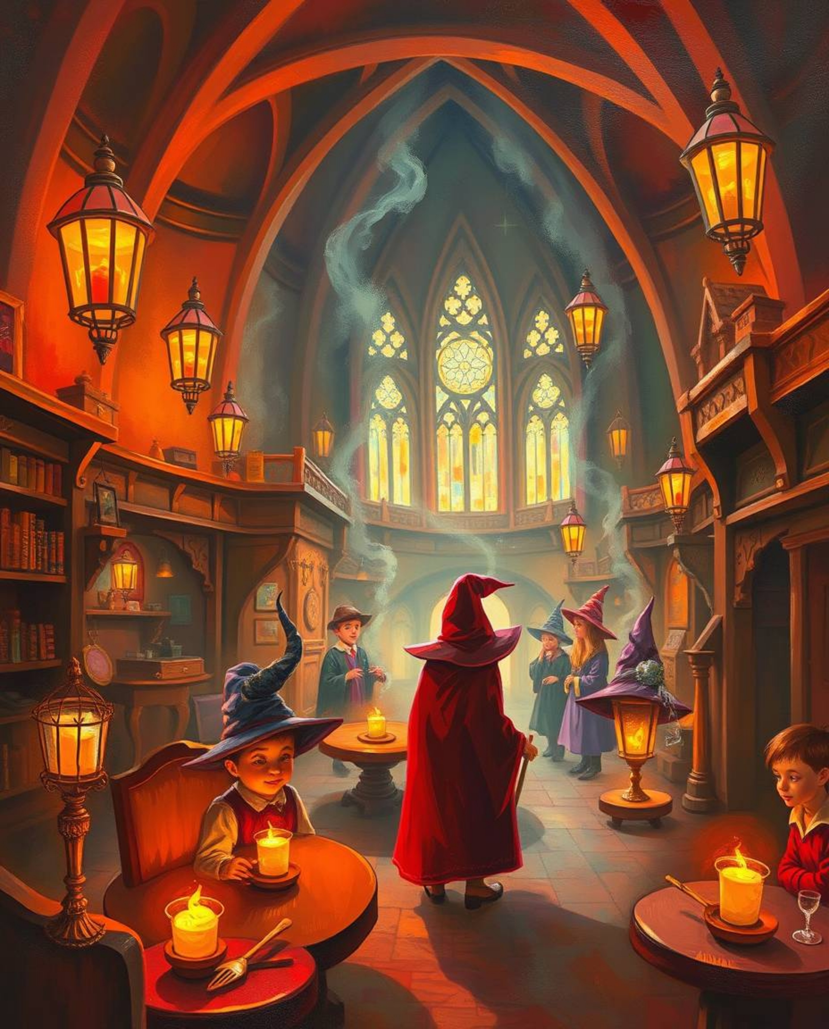 A captivating painting depicts a magical school brimming with young wizards.  The warm color palette of reds, oranges, and ye