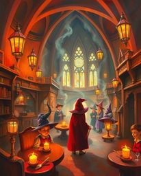 A captivating painting depicts a magical school brimming with young wizards.  The warm color palette of reds, oranges, and ye