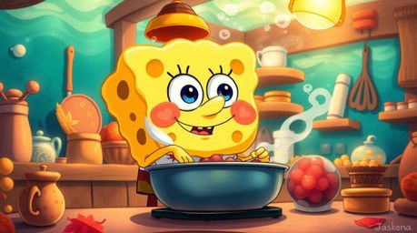Immerse yourself in a whimsical Isekai anime-style illustration featuring a cheerful sponge character joyfully cooking in a v