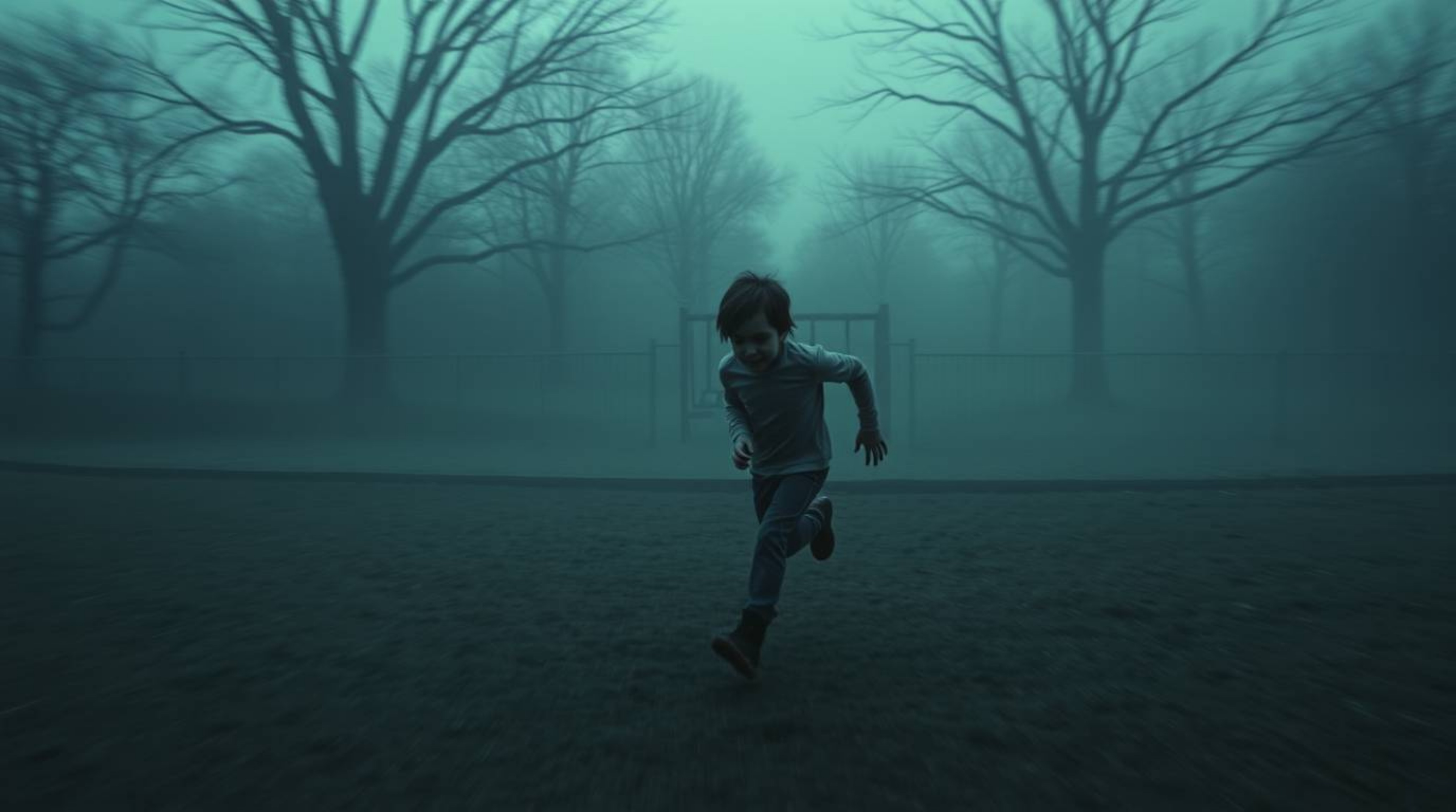 A captivating cinematic image depicts a dramatic slow-motion run through a playground. Dark tones and unsettling details crea