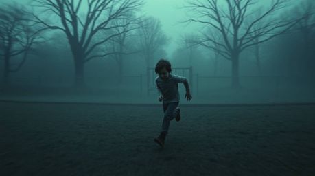 A captivating cinematic image depicts a dramatic slow-motion run through a playground. Dark tones and unsettling details crea