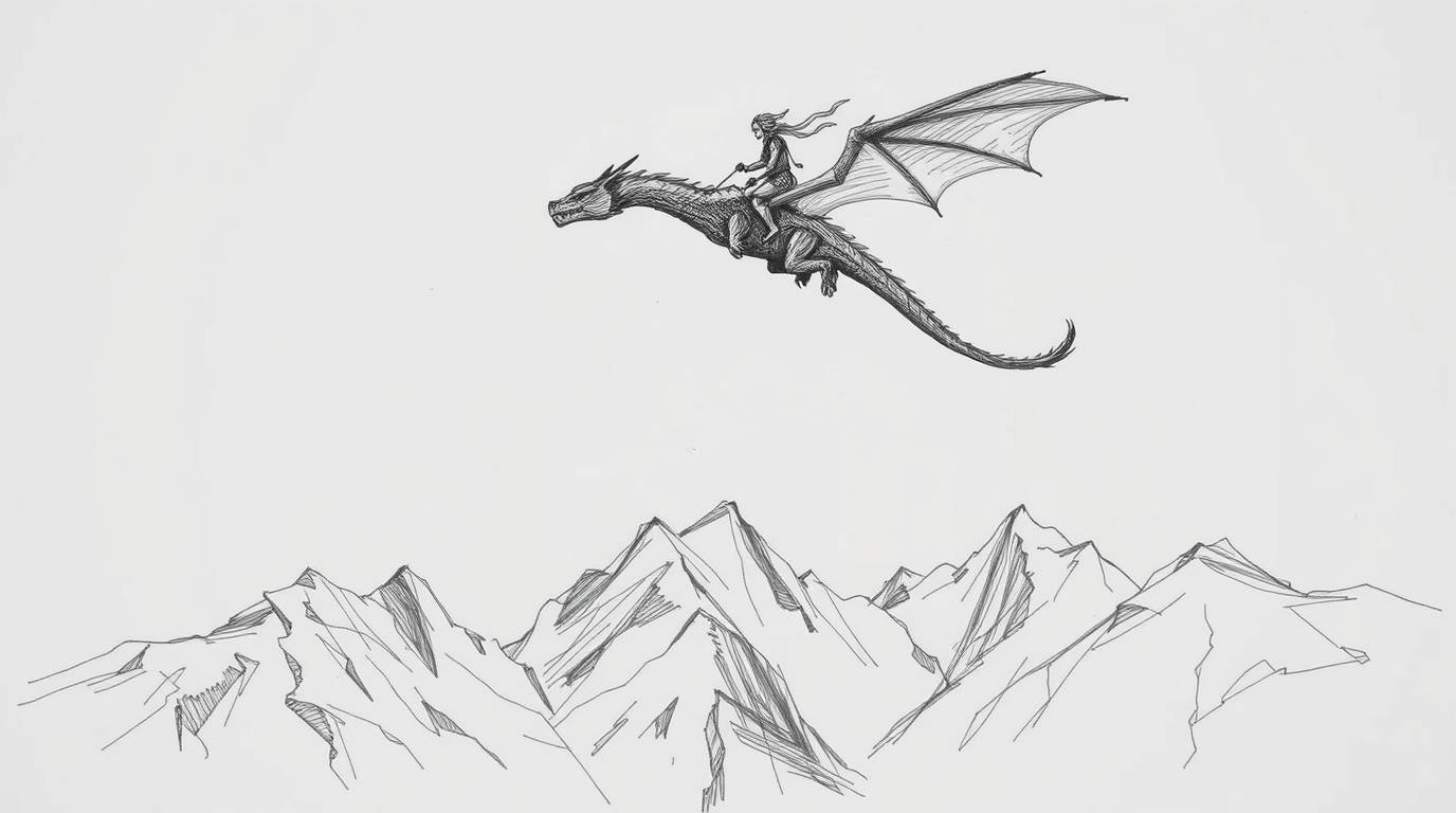Experience the thrill of flight with this dramatic, cinematic hand-drawn sketch depicting a dragon and its rider soaring abov