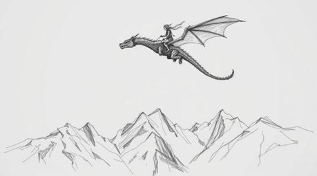 Experience the thrill of flight with this dramatic, cinematic hand-drawn sketch depicting a dragon and its rider soaring abov