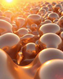 Experience the mesmerizing beauty of smooth, 3D metallic and fluid shapes bathed in warm golden hour light, floating effortle