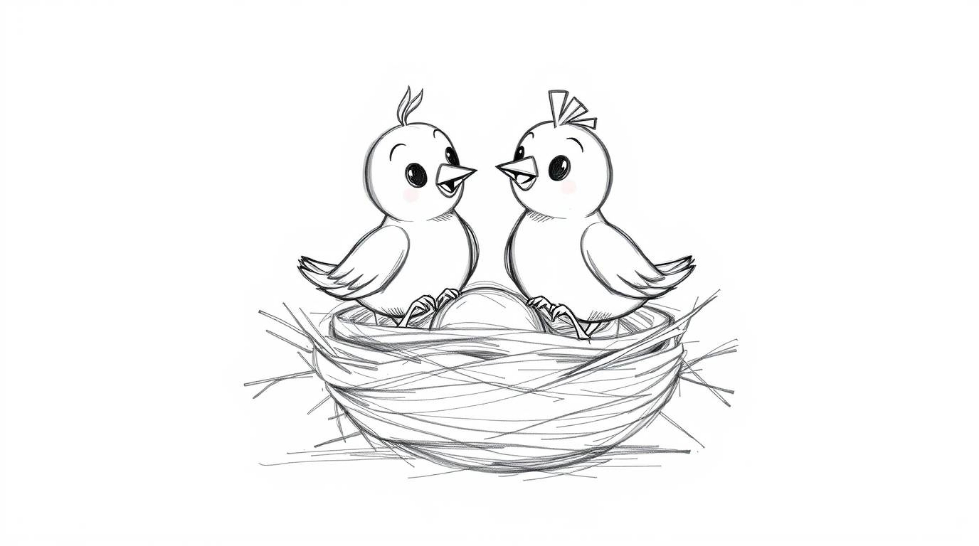 A charming hand-drawn sketch showcases two cartoon birds meticulously constructing a nest.  Rendered in a classic animation s