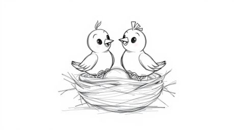 A charming hand-drawn sketch showcases two cartoon birds meticulously constructing a nest.  Rendered in a classic animation s