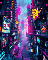 Immerse yourself in a breathtaking, tightly framed close-up of a futuristic cyberpunk cityscape. Witness a dazzling spectacle