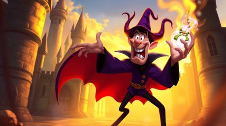 A captivating digital painting depicts a vibrant Disney villain casting a spell within an ancient castle, bathed in the warm
