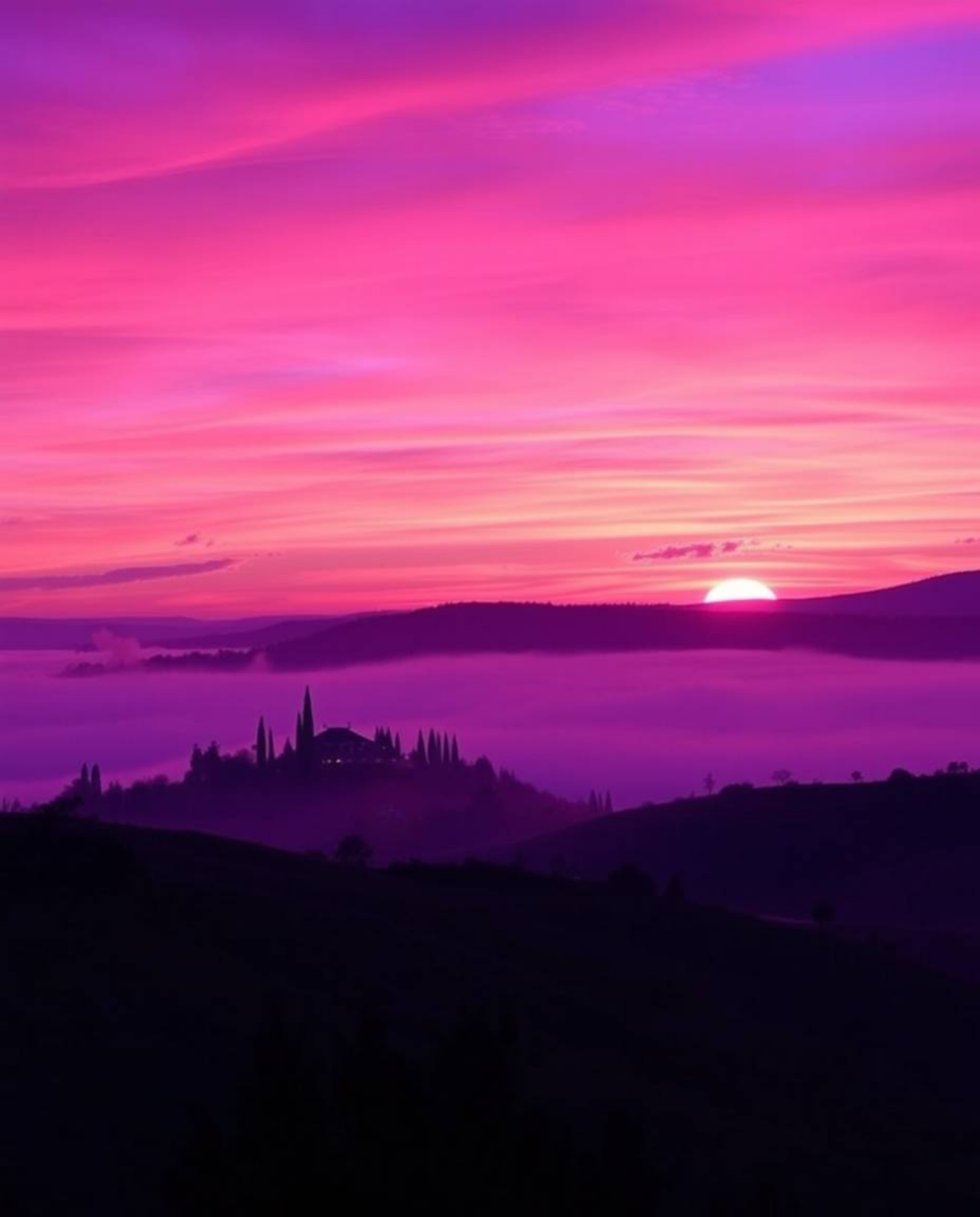 Sunset over misty Tuscan hills: vivid purples, deep ultraviolet hues, high contrast, warm candlelight glow, flickering flames