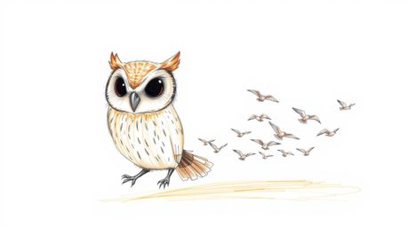 A heartwarming hand-drawn sketch depicts a Pixar-style blind owl with gentle features leading a classroom of small birds in f