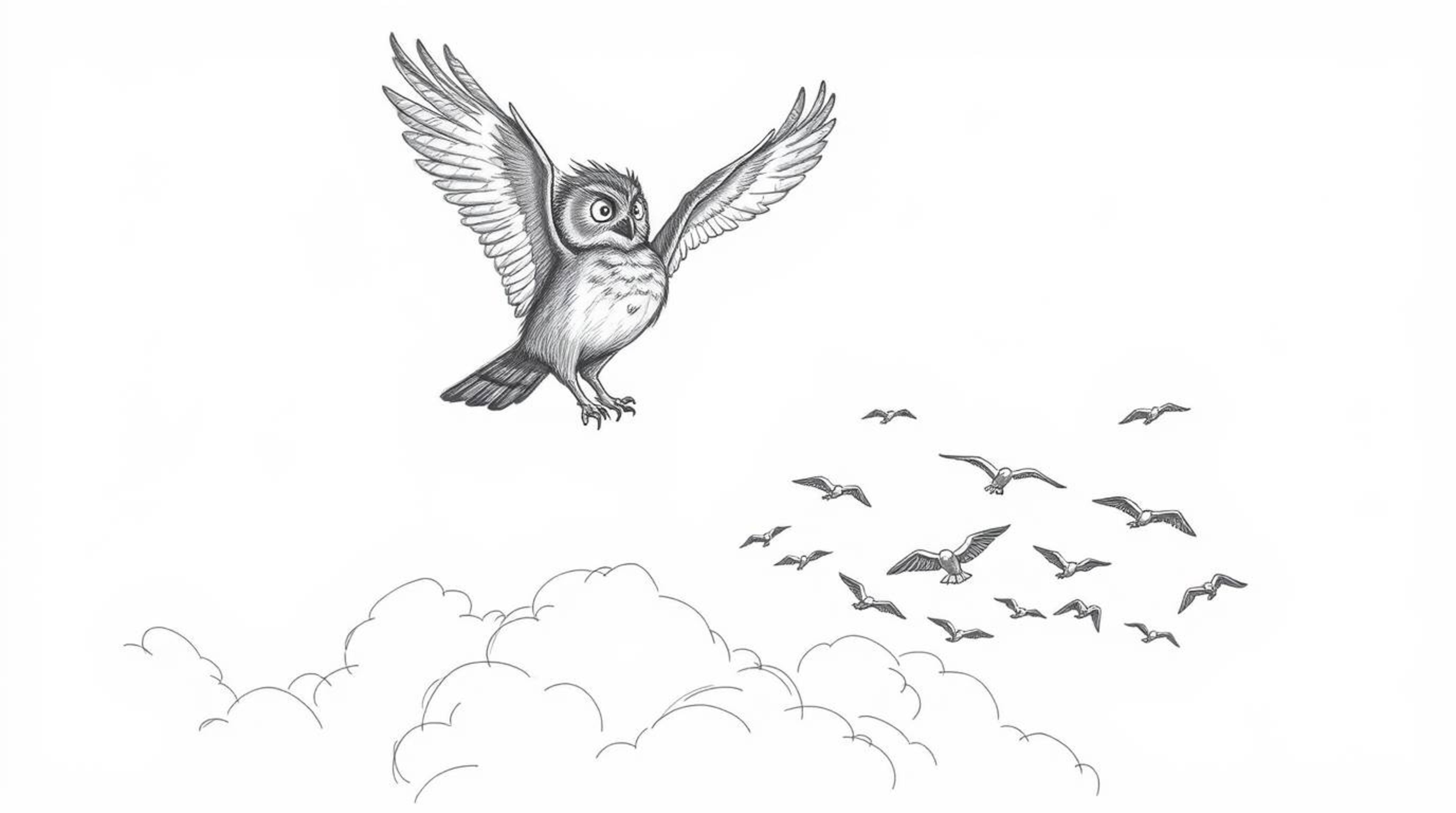 A heartwarming scene depicts a hand-drawn blind owl in Pixar style, gracefully soaring above fluffy white clouds.  This uniqu