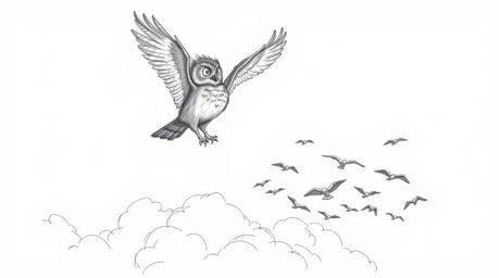 A heartwarming scene depicts a hand-drawn blind owl in Pixar style, gracefully soaring above fluffy white clouds.  This uniqu