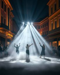 A captivating musical performance unfolds in a bright town square, imbued with an ethereal and spiritual atmosphere.  Volumet