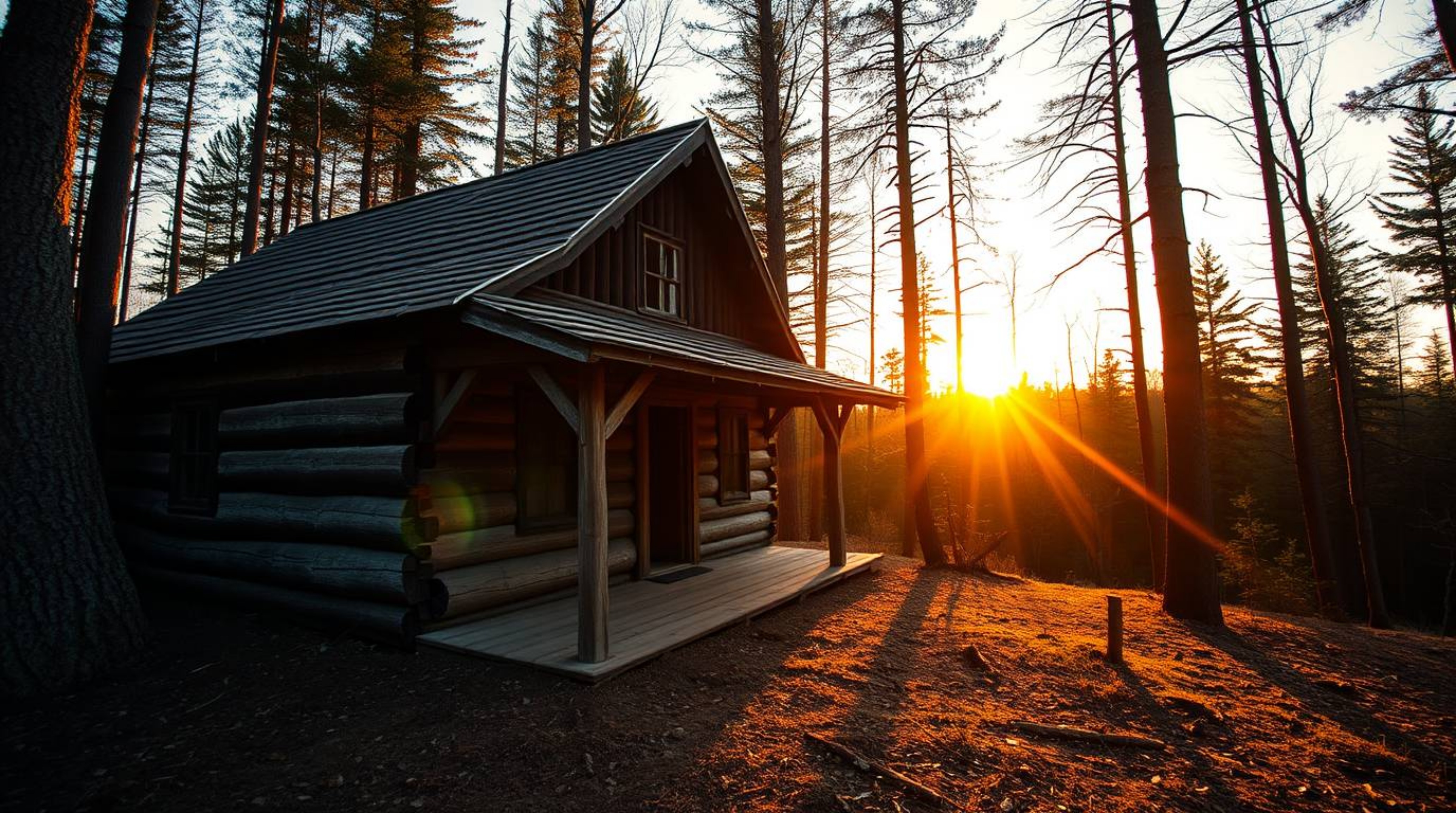A stunning photograph captures an old wooden cabin nestled deep within a sun-drenched forest at sunset.  The image boasts sha