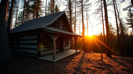 A stunning photograph captures an old wooden cabin nestled deep within a sun-drenched forest at sunset.  The image boasts sha