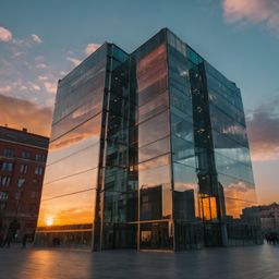 This striking modern glass building features a unique angular design that beautifully reflects the vibrant colors of the suns