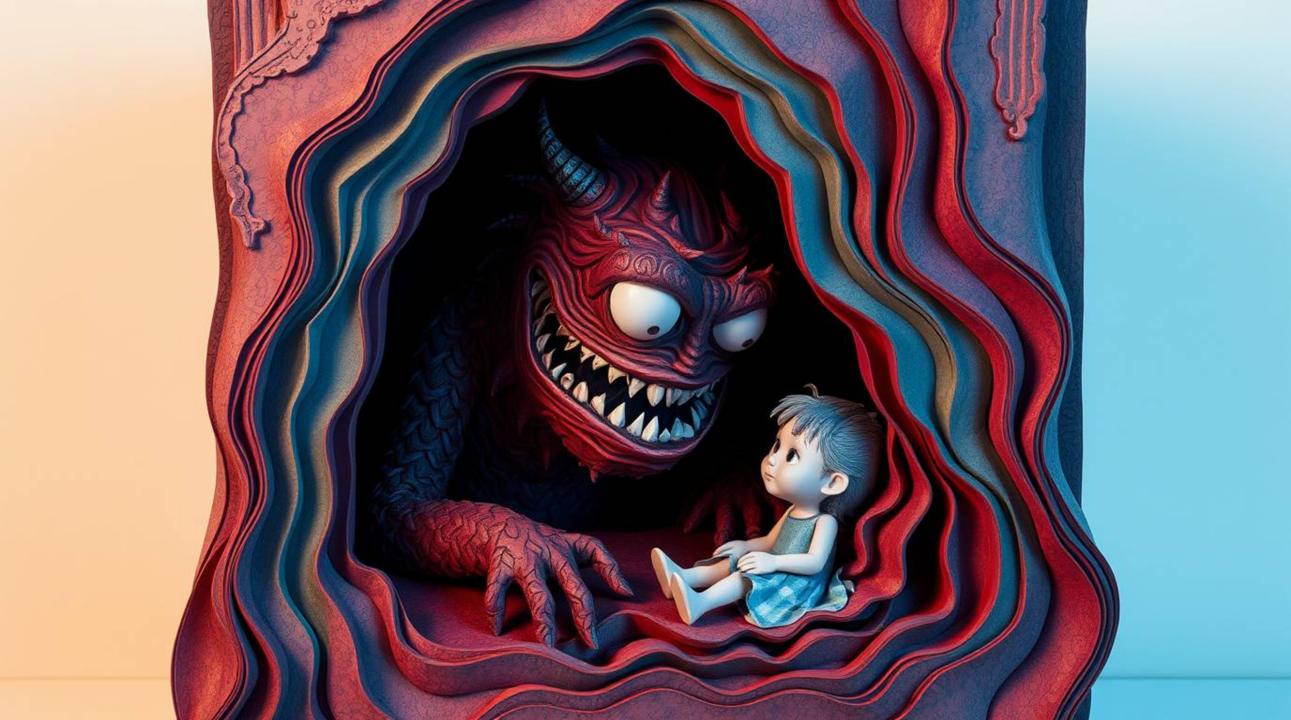 Discover a captivating papier-mâché sculpture depicting an unlikely friendship between a child and a monster under the bed.  