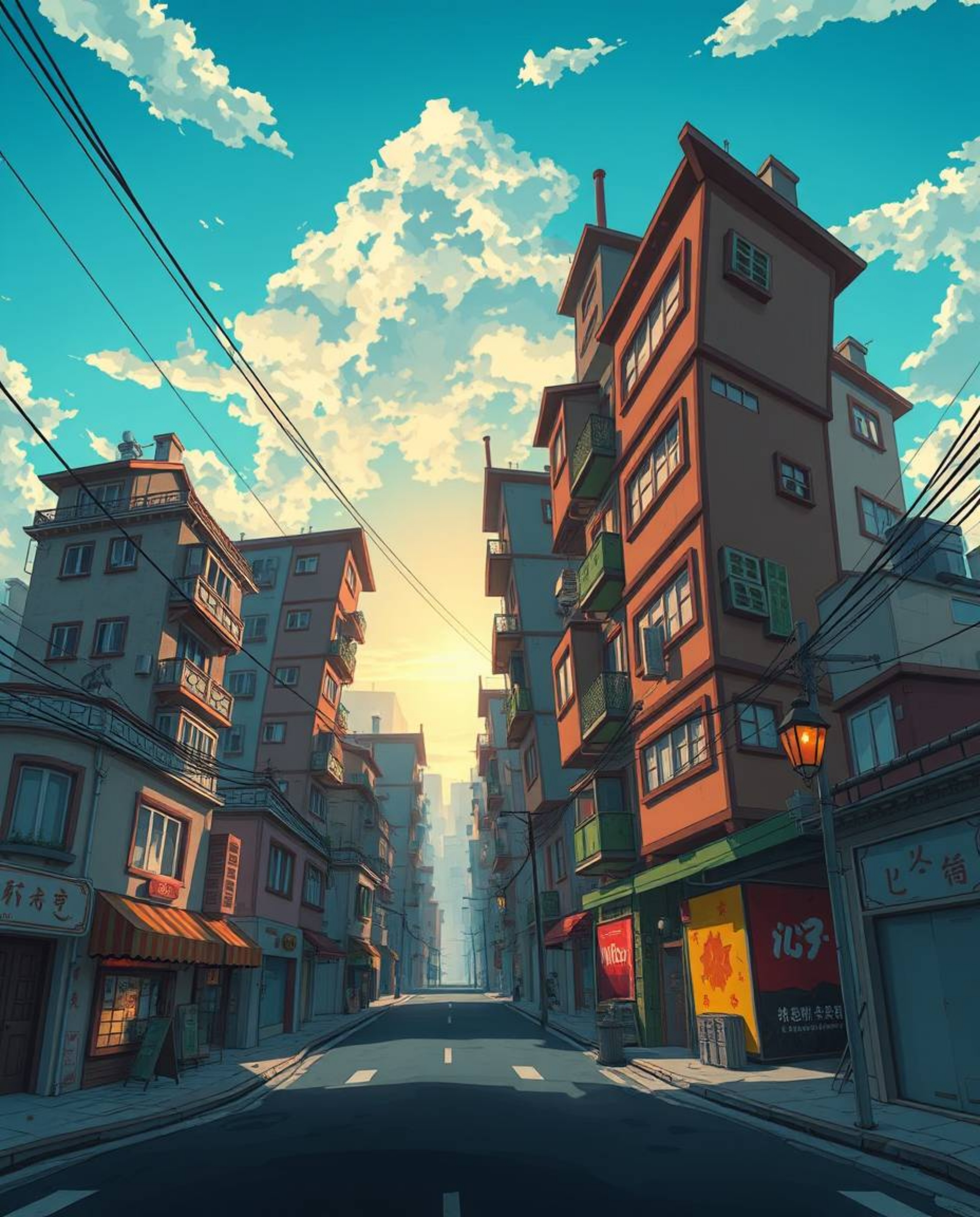 Explore a captivating Isekai-inspired anime depiction of a surreal street scene, where buildings fold and twist in unexpected