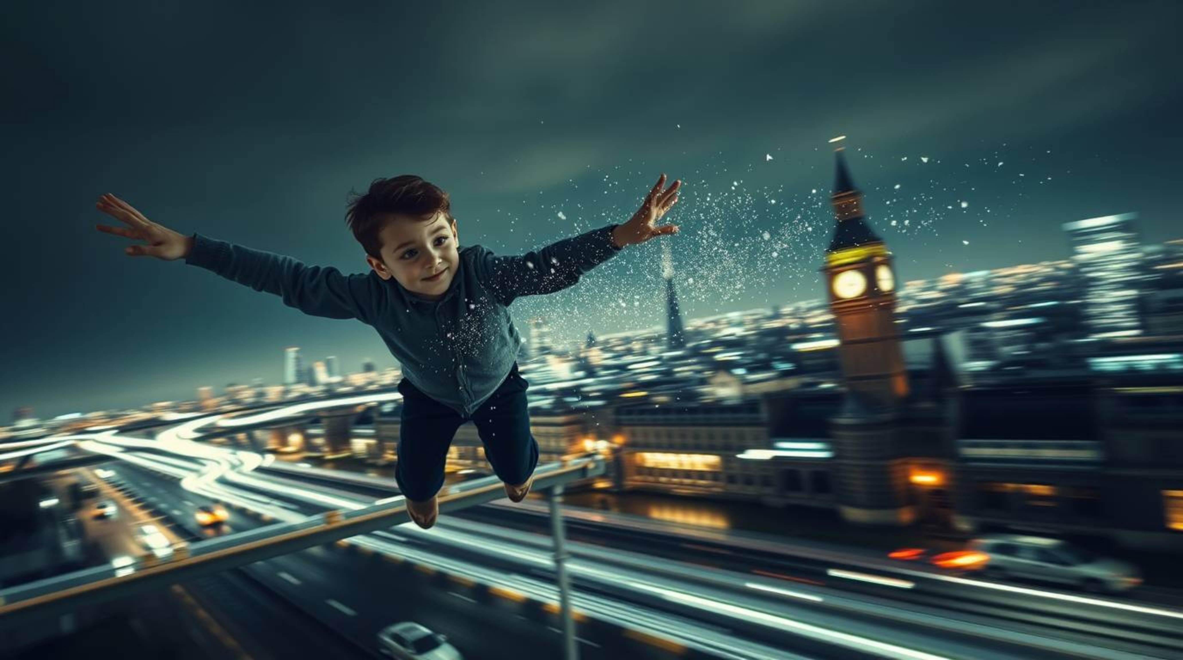 Experience the magic of a young boy soaring above London with pixie dust in this dramatic cinematic long exposure photograph.