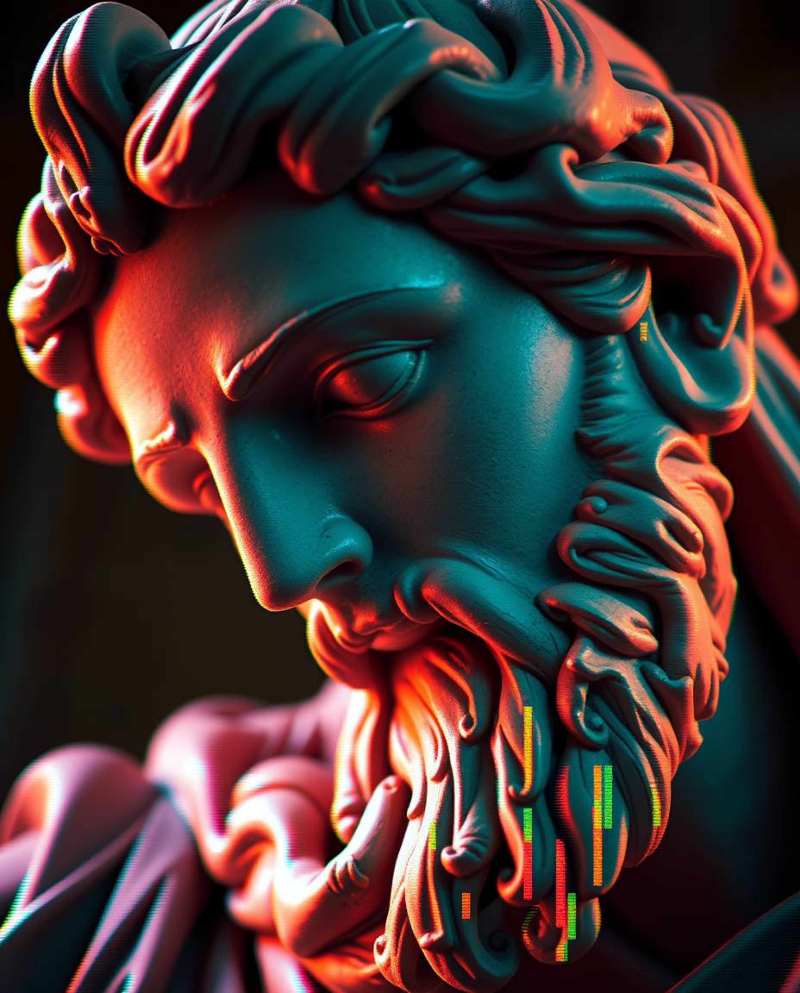 This close-up shot showcases a classical sculpture reimagined with a captivating colorful glitch effect, exploring the theme 