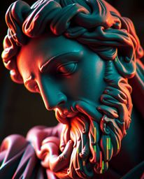 This close-up shot showcases a classical sculpture reimagined with a captivating colorful glitch effect, exploring the theme 