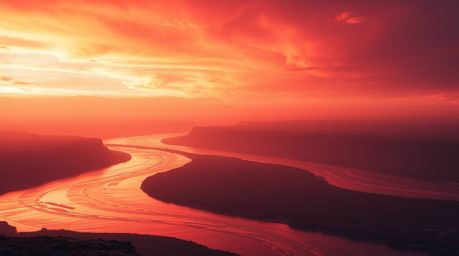 A breathtaking high-resolution stock photo captures an epic scene of a winding river glowing vibrantly under a dramatic orang
