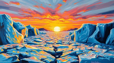 A captivating bold acrylic painting showcases a close-up of a vibrant sunset over icy polar glaciers.  The artwork features t
