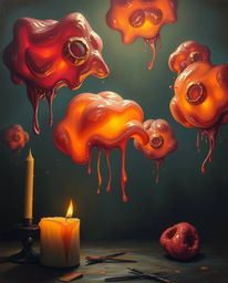 This classic oil painting captures an eerie and creepy atmosphere, bathed in the warm candlelight that illuminates floating 3