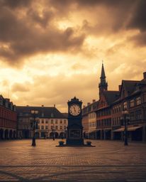 A dramatic, warm-toned, professional fine art photograph capturing the unsettling stillness of an empty town square punctuate