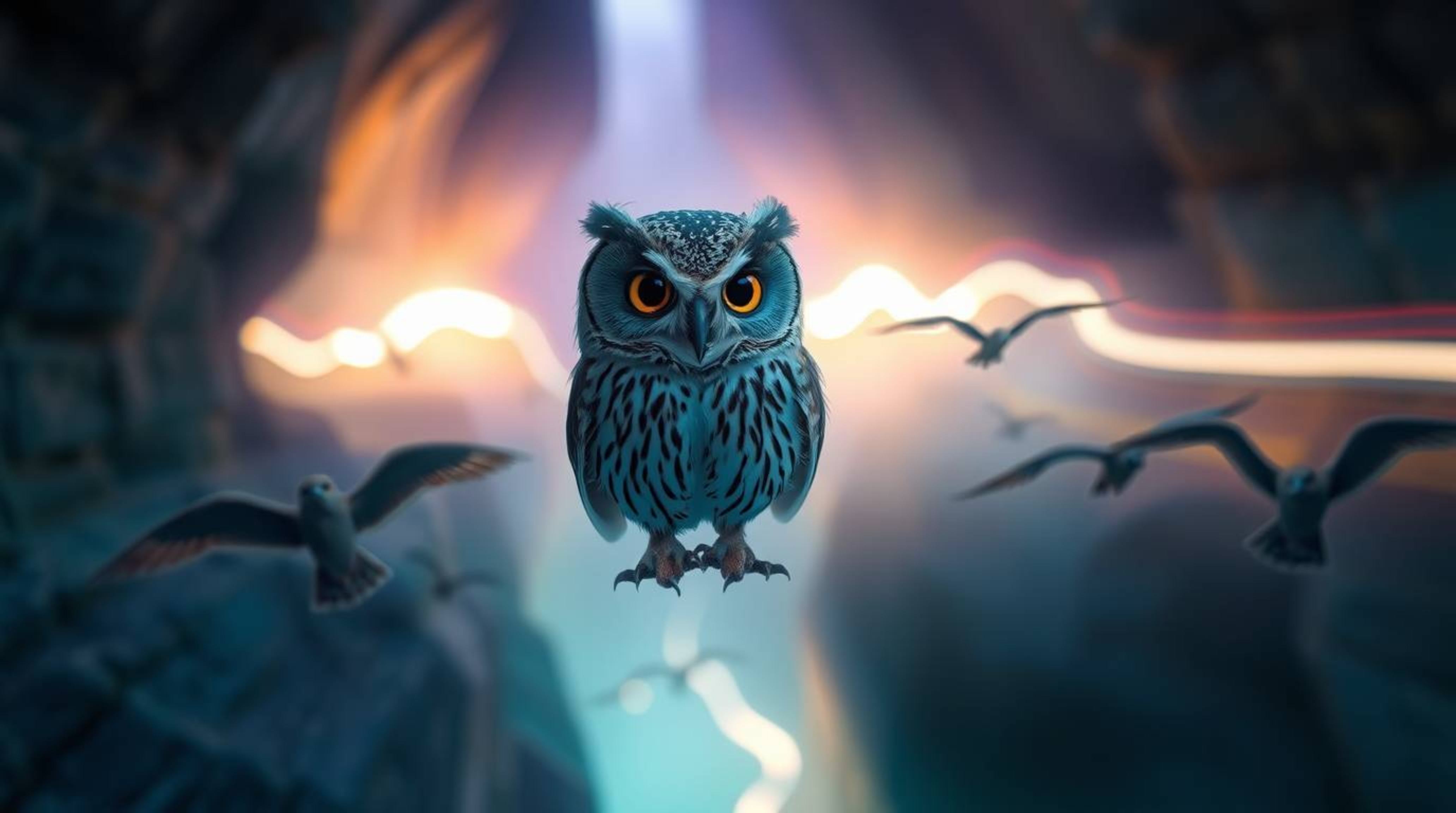 This Pixar-esque long exposure photograph captures a magical scene. A blind owl, its feathers subtly detailed, guides birds t