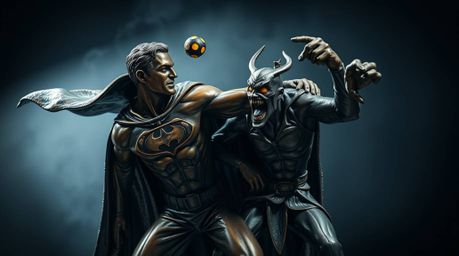This cast bronze sculpture captures a dynamic scene of a superhero, cape flowing, locked in battle with a comically inept vil